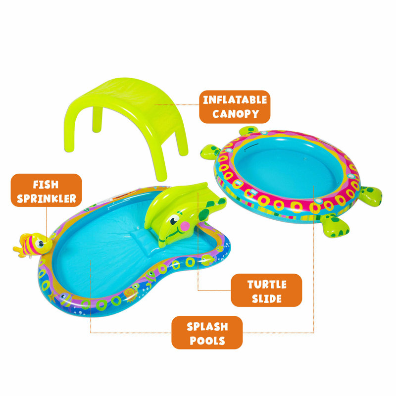 Banzai Shade N Slide Turtle Inflatable Outdoor Kiddie Splash Pool with